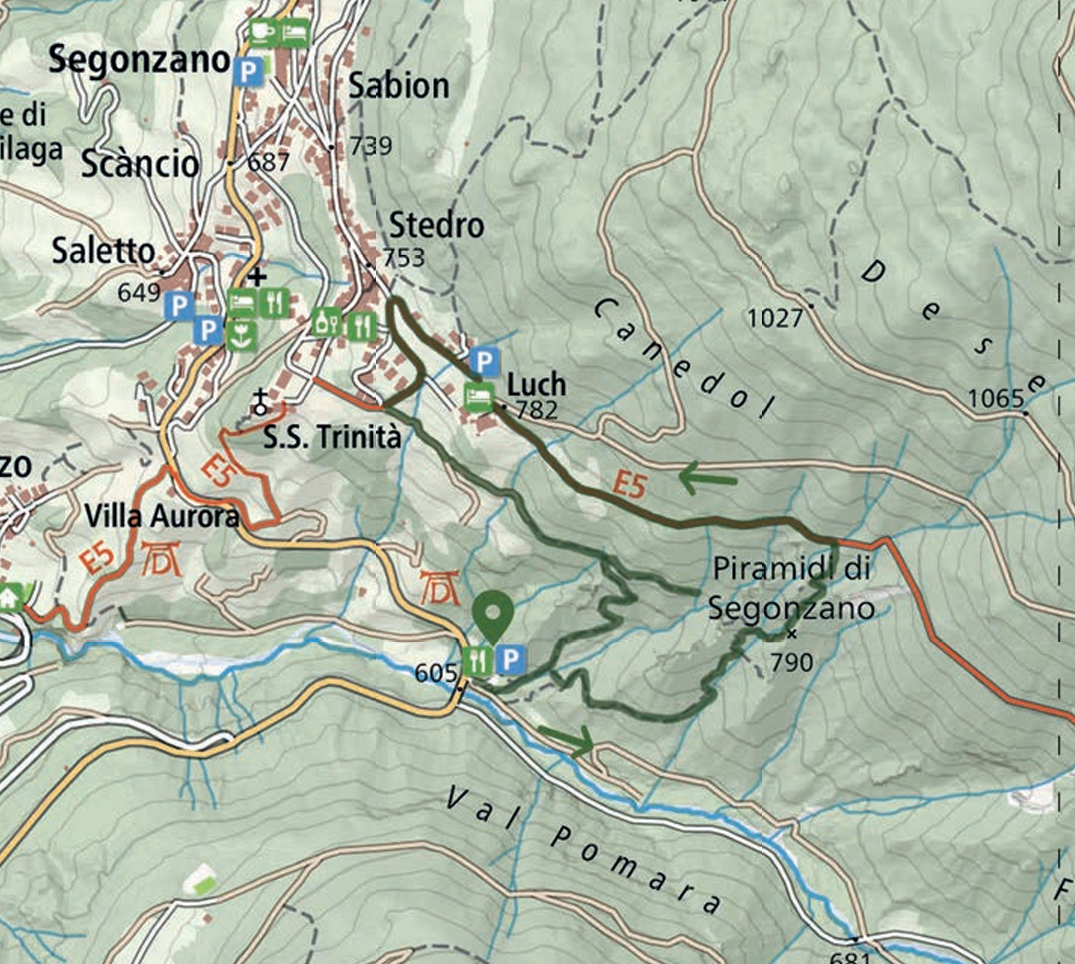 map of Segonzano Pyramids itinerary: an almost surreal landscape