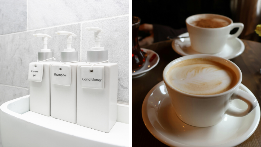 Refillables bottles of shampoo, conditioner and shower gel in hotels. Cafes 