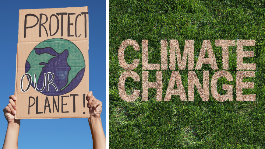Man with Poster Protesting against Climate Change Outdoors & Climate Change Sign