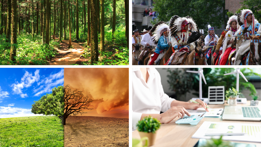 Forest, Group of People in Traditional Clothing, Climate change landscape with tree, Sustainable finance budgeting supports ESG reporting and net-zero planning analyst calculates costs beside renewable energy models and performance charts with copy space. sustainable, finance, ESG