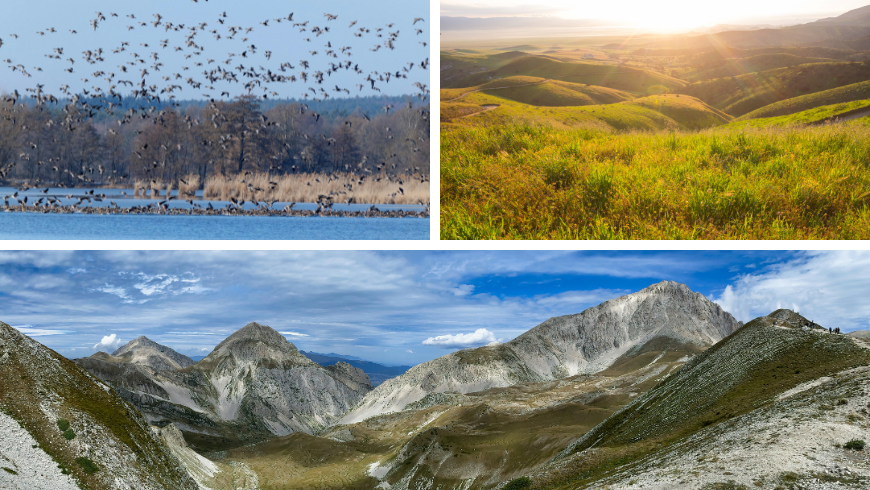 Panoramic view of the hills and the Gran Sasso and view of the lake with birds