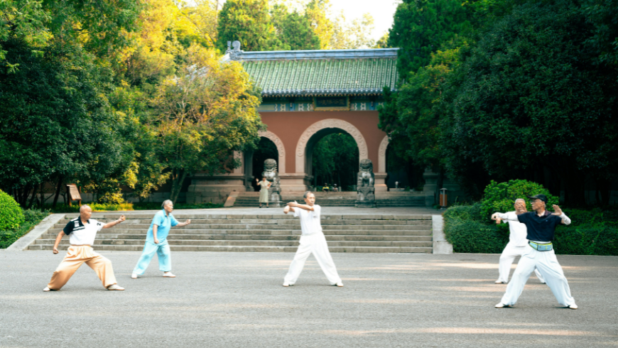 people practicing Tai Chi Chaun in front of a temple