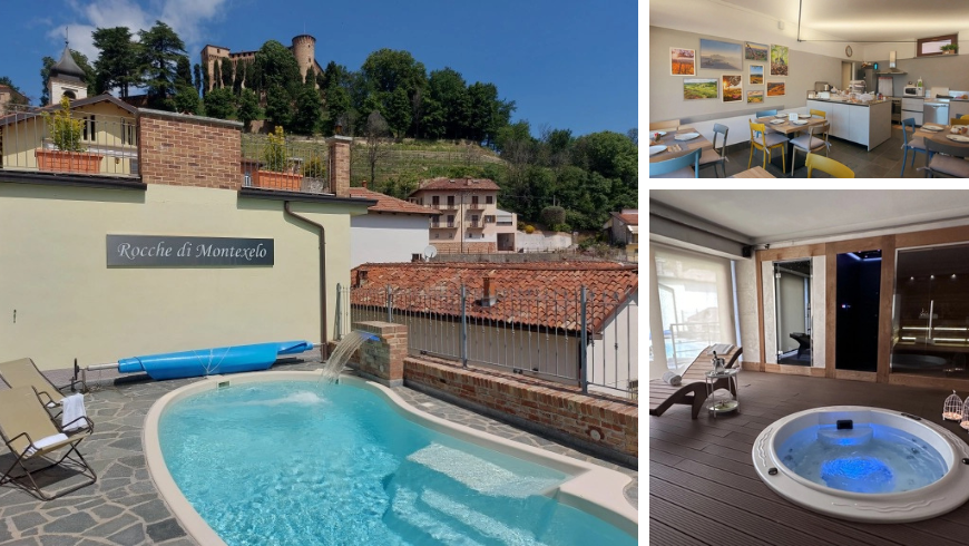 Pool outside at Rocche di Montexelo and rooms inside