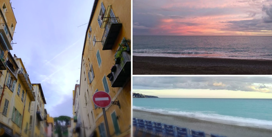 Photos of colorful alleys of the old city, the sunset over the Bay of Angels and the famous blue chairs of the Promenade des Anglais