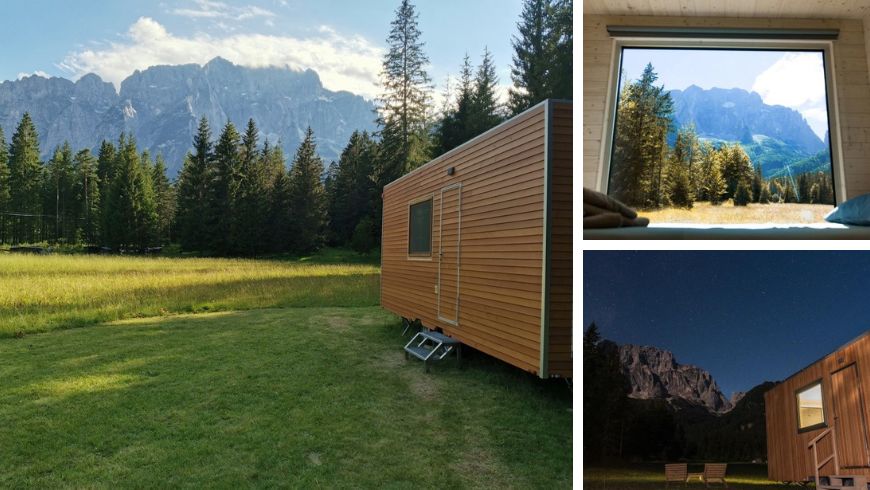 tiny house with the view towards the dolomites and at night starred sky