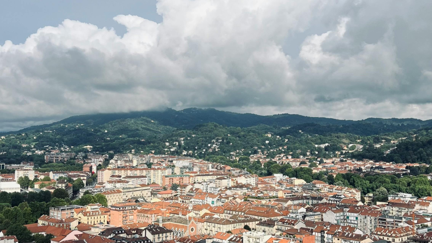 View of Alessandria from above towards the surrounding hills