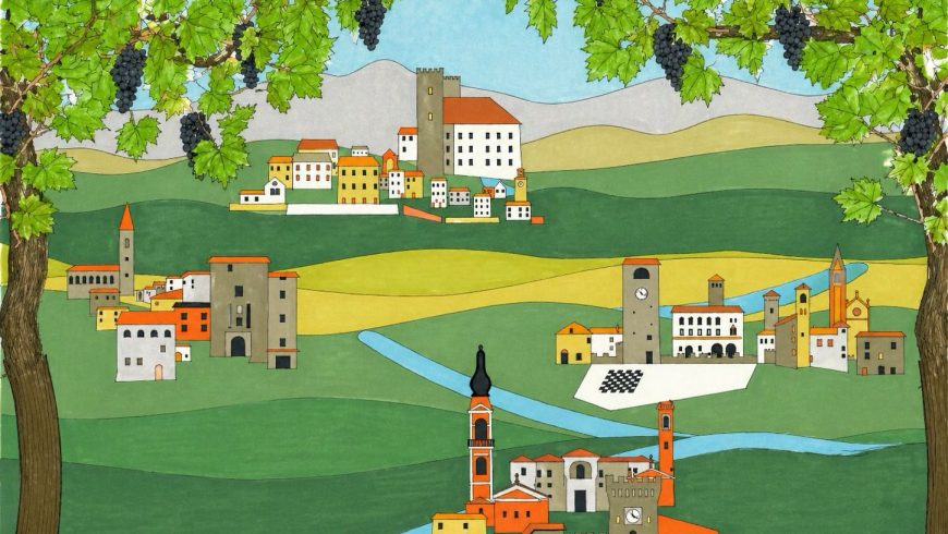 Illustrative poster of the stage of Valle Panaro, with trees and a river that runs through the various villages of the valley