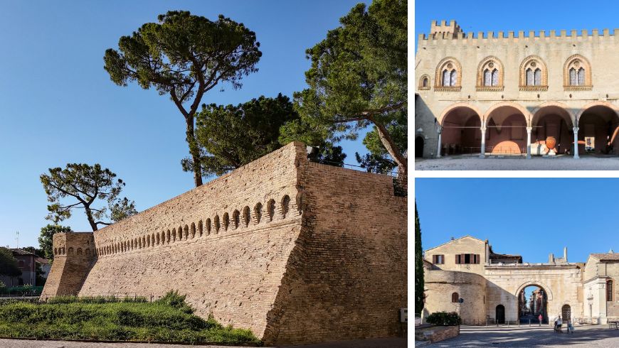 Collage of Fano featuring the ancient city walls, the Roman Arch of Augustus and the Malatesta Palace in the historic center of the Marche region.