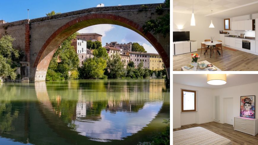 Collage of the eco-friendly apartment Torricelli 15 in Fossombrone with cozy interiors, sustainable furniture details and bright spaces in the historic centre of the Marche region.