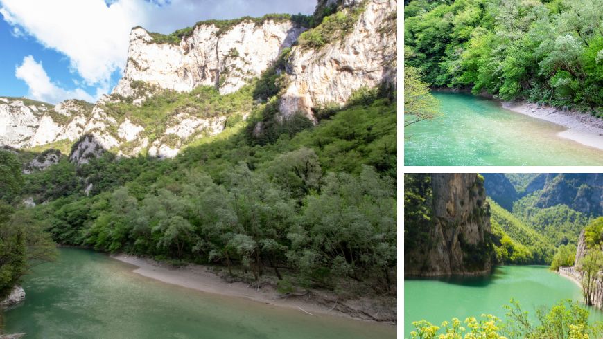 Collage of three images of the Furlo Gorge in the Marche region featuring rocky cliffs, panoramic trails and the Candigliano River flowing through the nature reserve.