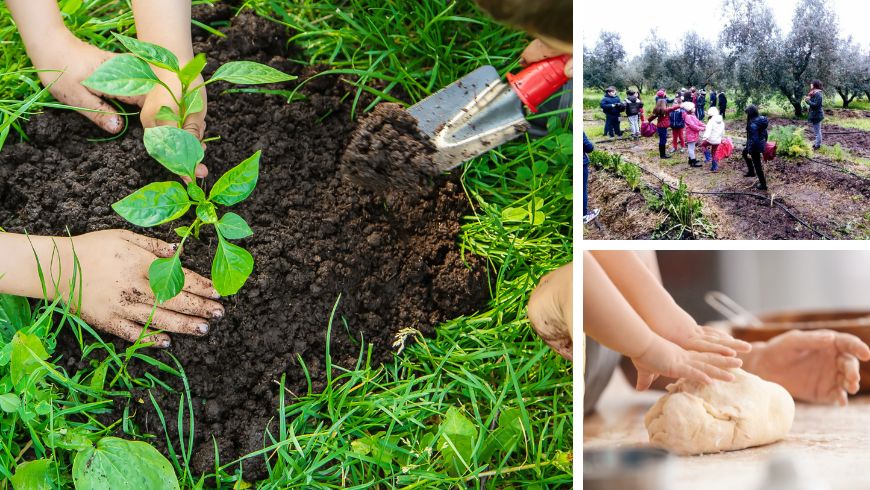 Children working in the garden and in the kitchen