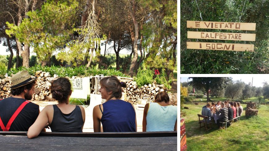 Group of people relaxing in the greenery at Piccapane farm stay in Salento, with a table set on the grass and the phrase 'Dreams must not be trampled'.