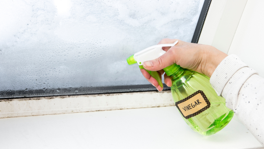 Hand cleaning a surface with a spray bottle containing a vinegar-based solution.