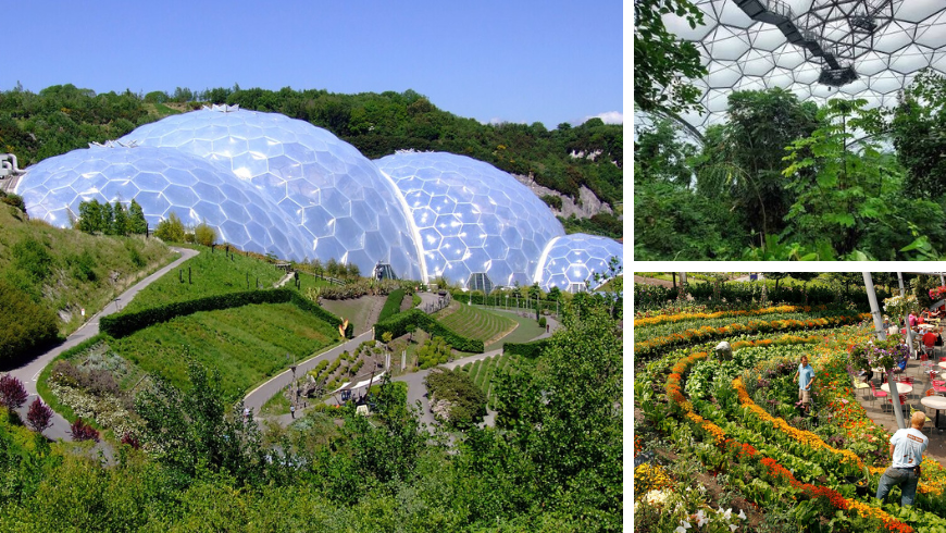 Collage showing the Eden Project in Cornwall, including an aerial view of its biomes, the interior rainforest dome, and outdoor gardens with a café, a former clay pit transformed into an eco-tourism destination