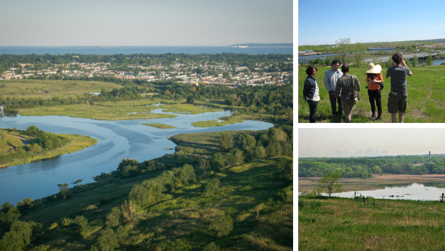 Collage showing Freshkills Park in New York, with panoramic views, visitors exploring the restored landscape, and native vegetation growing on a former landfill transformed into an eco-tourism destination