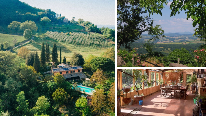 Aerial view of a country house with terrace, outdoor table, and panoramic valley views