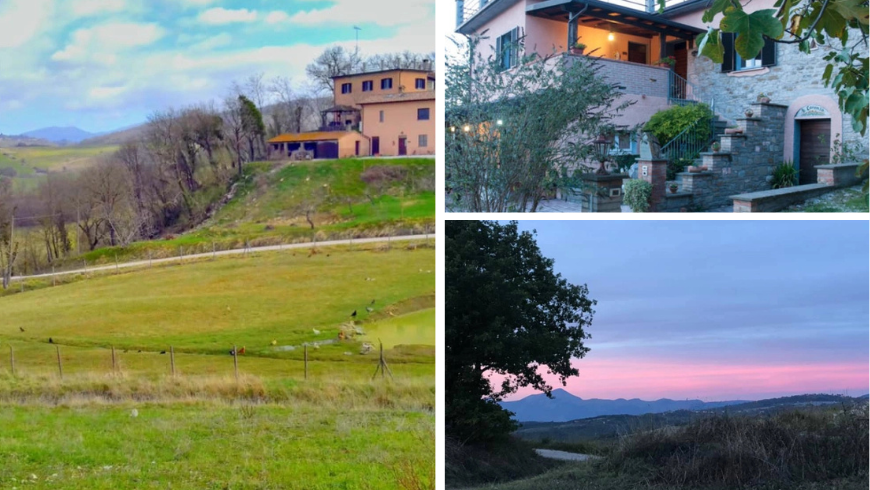 Green countryside with farmhouse and panoramic twilight view