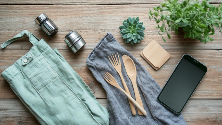 Reusable wooden forks, a cloth tote bag, and a stainless steel water bottle: essential travel items for reducing single-use waste and making every trip more sustainable.