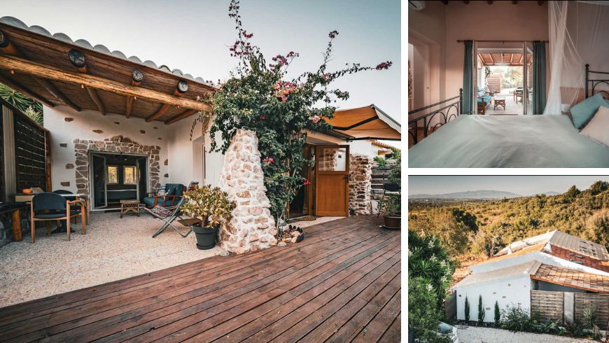 Eco-friendly accommodation in the Algarve surrounded by nature, featuring sustainable architecture, native vegetation, and a peaceful outdoor setting.