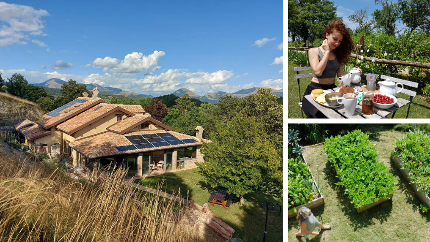 Collage of Ecobnb images showing solar panels on a roof, an outdoor breakfast featuring organic and locally sourced food, and an organic vegetable garden beside an accommodation.