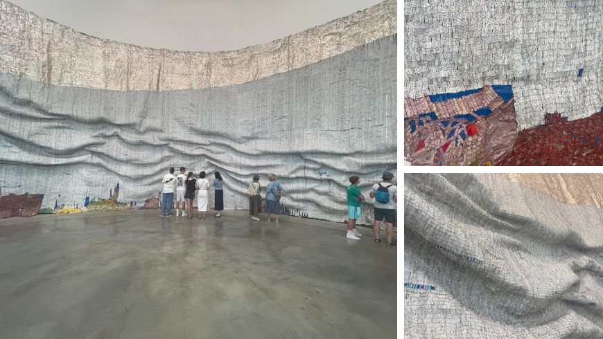 The Immensity of Climate Change by El Anatsui at the Guggenheim Bilbao, seen from a distance and in two close-up details.