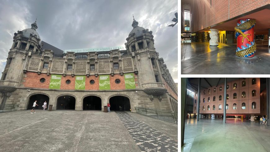 Collage of Azkuna Zentroa in Bilbao: historic façade, brick interiors and monumental columns in different shapes.