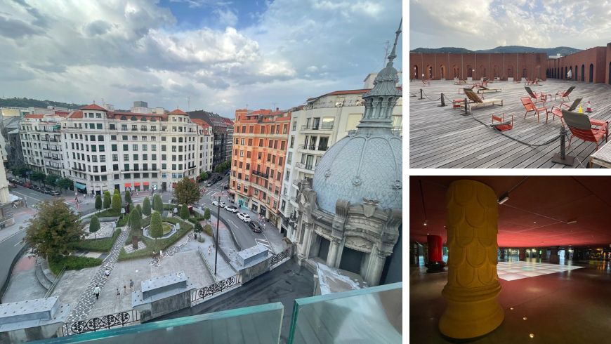 Collage of Azkuna Zentroa: view from above towards the green square and Bilbao rooftops, rooftop relaxation area and covered indoor plaza with artistic columns.