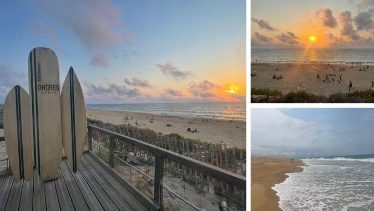 Ondres beach in the Landes with surfboards and waves from the Atlantic Ocean