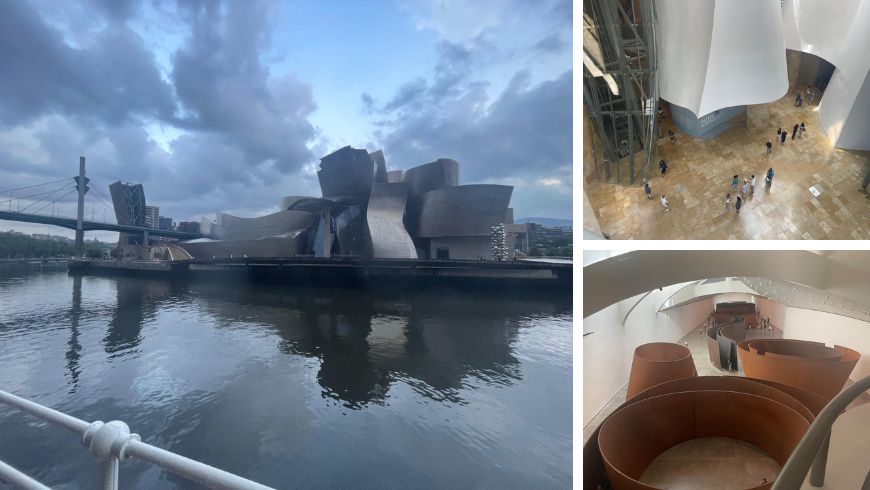 Collage of the Guggenheim Bilbao: exterior view, central atrium seen from above, Frank Gehry’s sinuous forms and a Richard Serra installation.