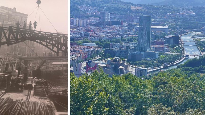 Collage showing industrial Bilbao in the past and the modern cultural city of today.