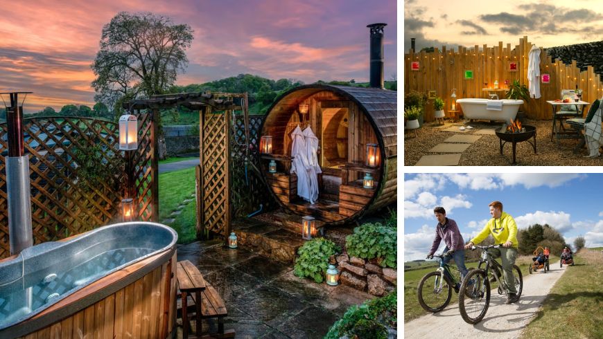 Collage showing the wood-fired sauna, outdoor hot tub, outdoor bathtub, and cyclists at Hoe Grange Holidays, an eco-friendly glamping near Matlock, Derbyshire.