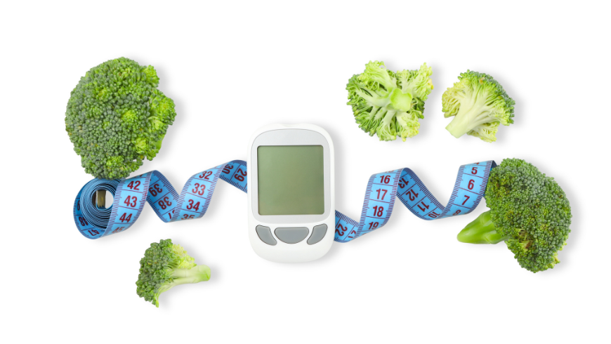 Broccoli with a measuring tape and blood pressure monitor, symbols of healthy eating, weight management, and heart health.