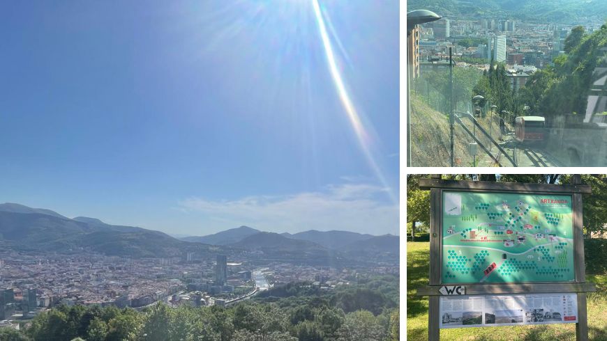 Collage of Artxanda with panoramic views over Bilbao from above and the funicular climbing the hill.