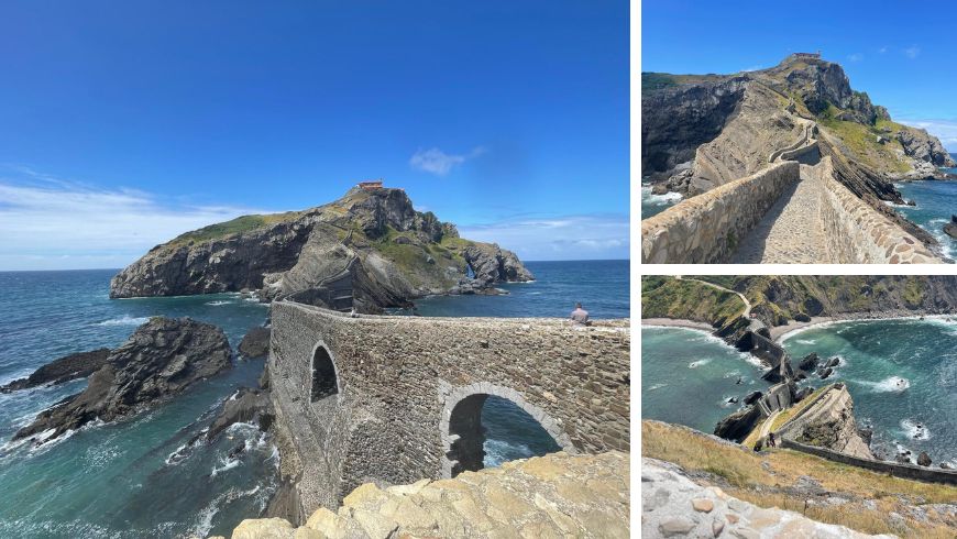 Collage of San Juan de Gaztelugatxe seen from different viewpoints along the Basque coast.