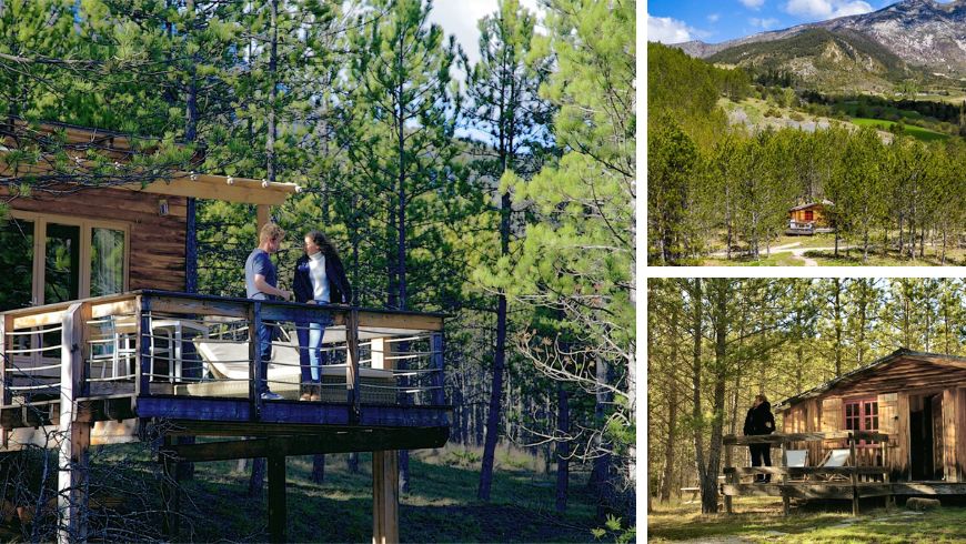 Collage of Terre des Baronnies eco-friendly chalet surrounded by forests and natural landscapes in the Baronnies Provençales Regional Nature Park, France.