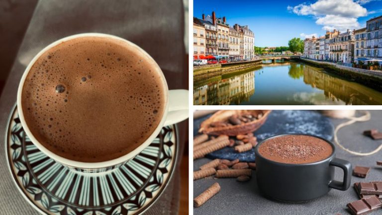 Bayonne, historic city centre street with Basque architecture and artisanal hot chocolate
