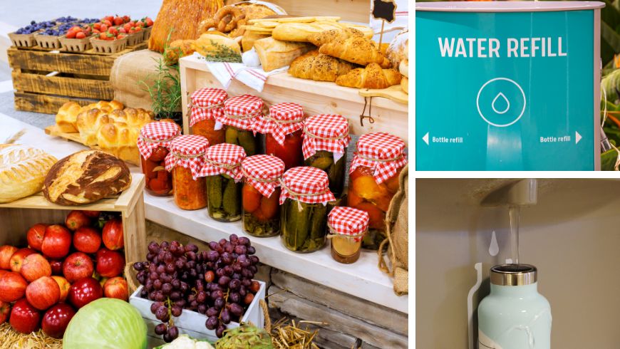 Collage showing a local farmers' market with fresh seasonal produce and a public water refill station for reusable bottles.