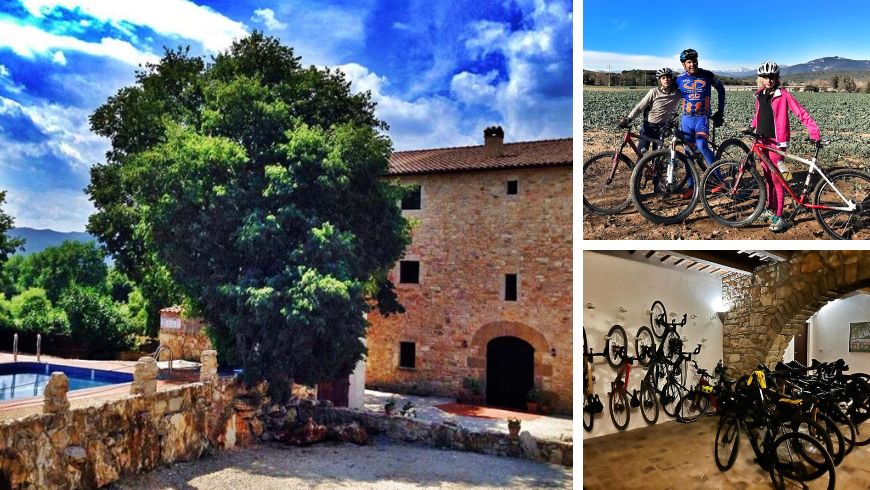 Collage of bicycles, cycling facilities, and rural landscapes at Mas Pelegri eco-friendly hotel in Serinyà, Girona, Spain.