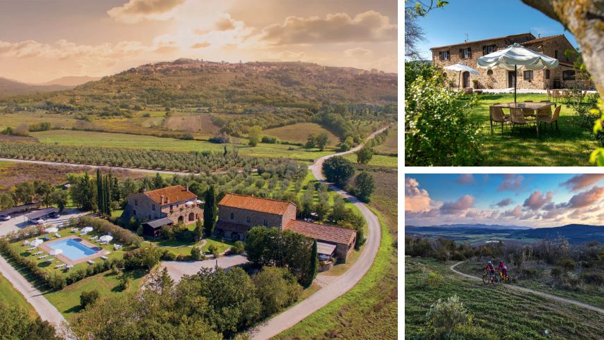 Collage showing an aerial view of Tenuta Cicalino eco-friendly agriturismo in the hills of Grosseto, its garden, and cyclists riding along a nature trail in the Tuscan countryside.