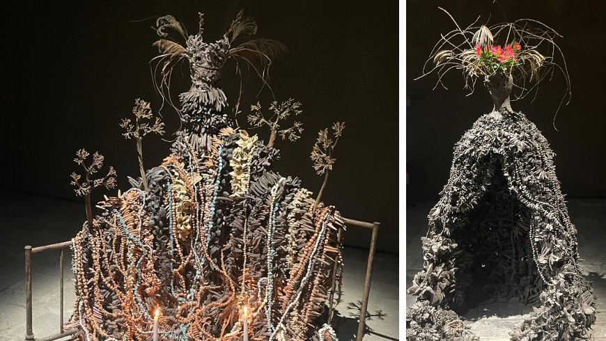 Two sculptures by Wangechi Mutu in the installation The End, Where All began, EdEN, at the 2026 Venice Art Biennale, with organic forms evoking ancestral figures
