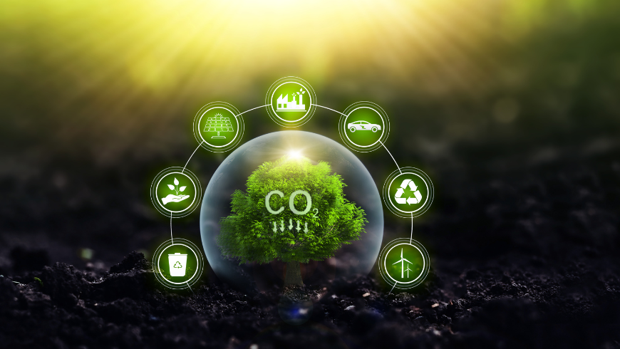 Symbolic tree representing CO₂ reduction surrounded by icons of environmental practices, including clean energy and waste reduction
