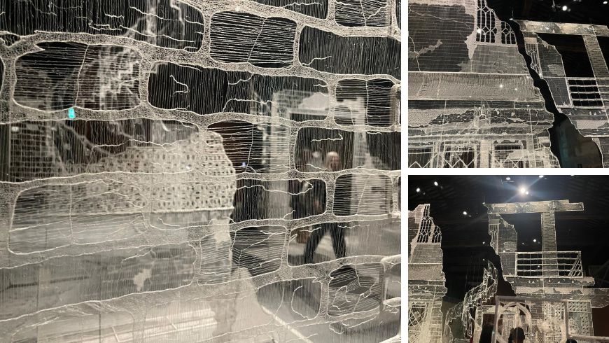 Installation by Sumakshi Singh for Geographies of Distance: Remembering Home, recreating the floor plan and sections of her family's childhood home in New Delhi through embroidery, knitting, and lace