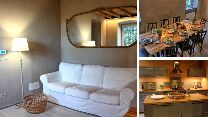 Restored interiors of the house at La Collina di San Rocco, preserving the building's original identity
