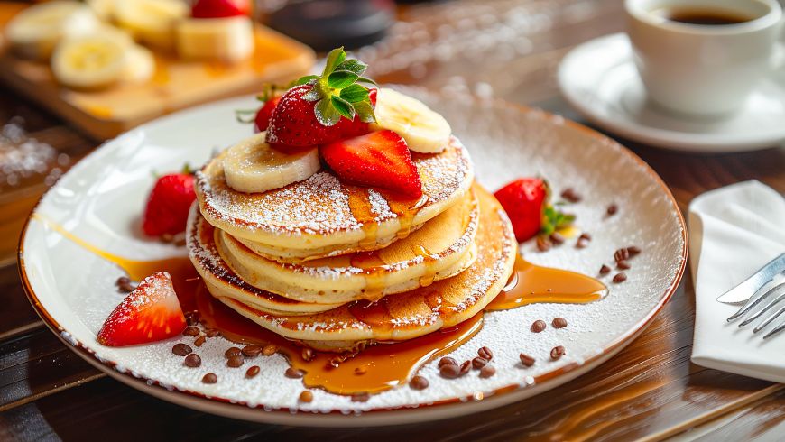 Traditional Costa Rican chorreadas (sweet corn pancakes) served with banana, strawberries and coffee.