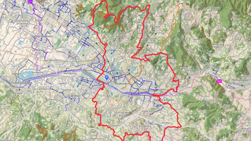 Map of an 83 km cycling route through the hills around Florence, passing Medici villas, Fiesole and the Certosa del Galluzzo.