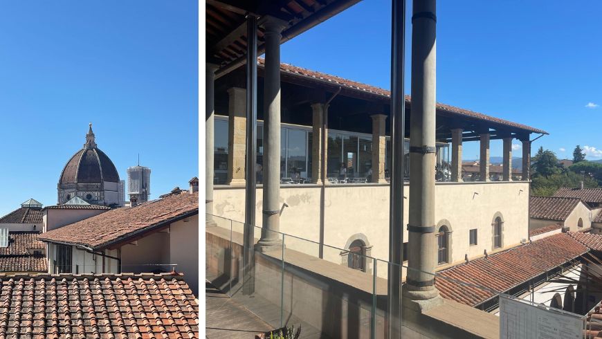 The loggia of Caffè del Verone at the Museo degli Innocenti, with panoramic views over Florence’s rooftops and Brunelleschi’s dome.