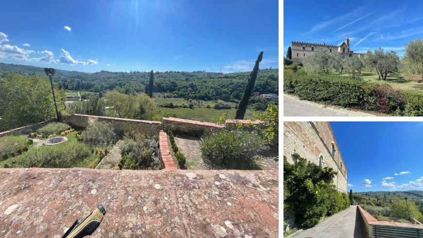 Hilly landscape around the Certosa del Galluzzo, with greenery and Tuscan countryside.