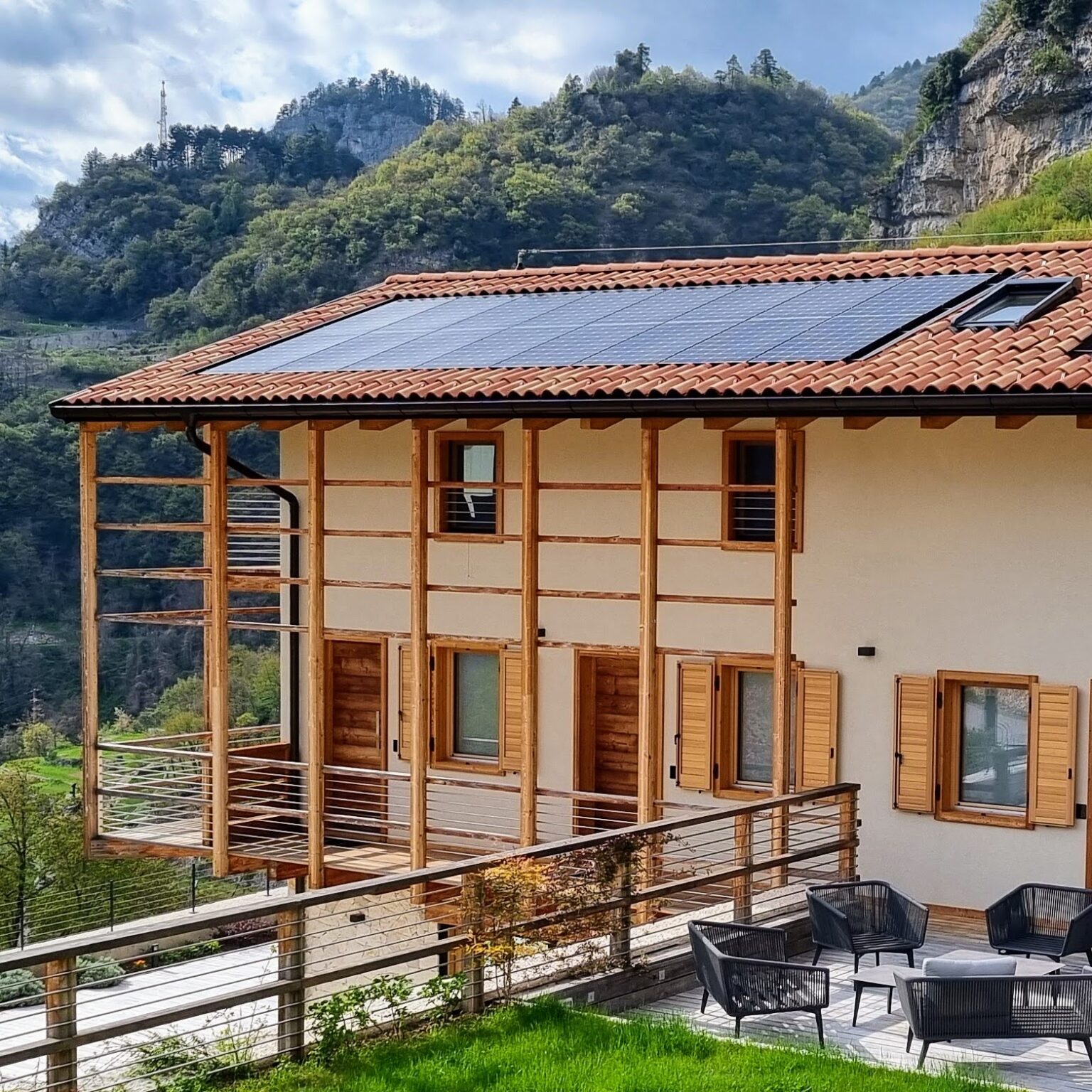 Solar panels installed on the roof of an accommodation facility in Trentino