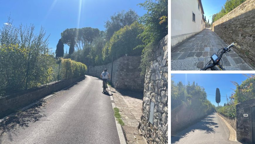Cycling route through the hills of Florence, among stone walls, gardens and green landscapes.
