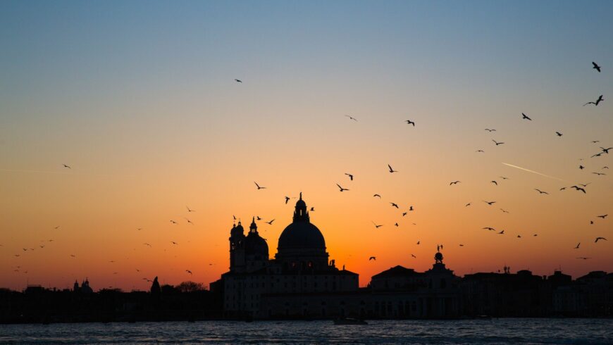 Venedig im Sonnenuntergang mit Vögeln